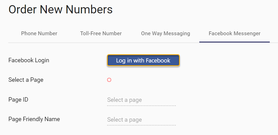 On the Order New Numbers page, the Facebook Messenger tab is selected and the Log in with Facebook button is highlighted